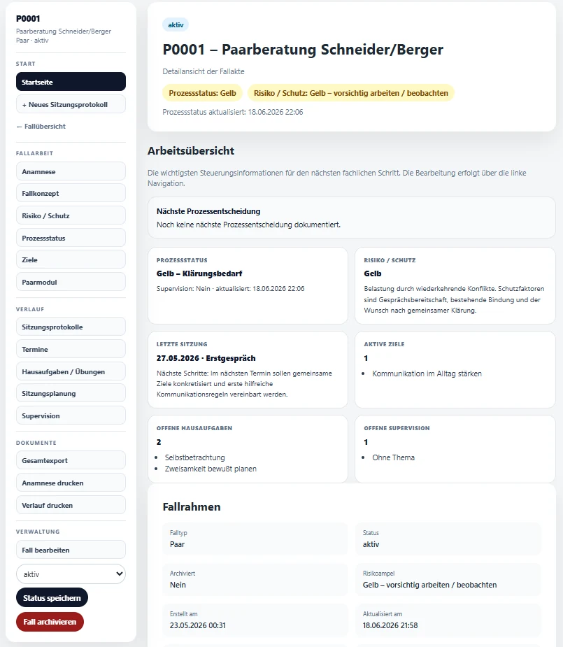 SOMICASE Fallakte mit Arbeitsübersicht, Prozessstatus, Risiko und Zielen