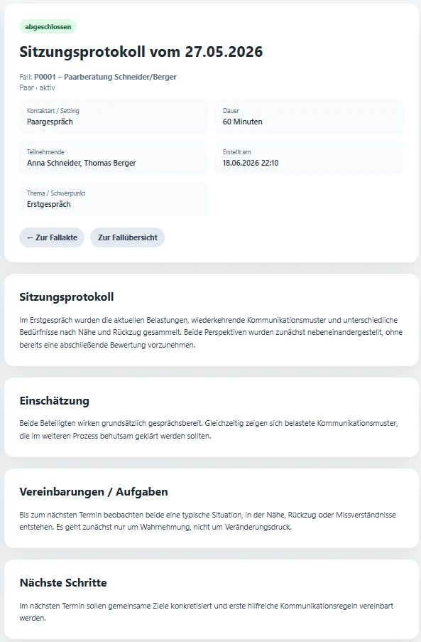 Abgeschlossenes Sitzungsprotokoll in SOMICASE