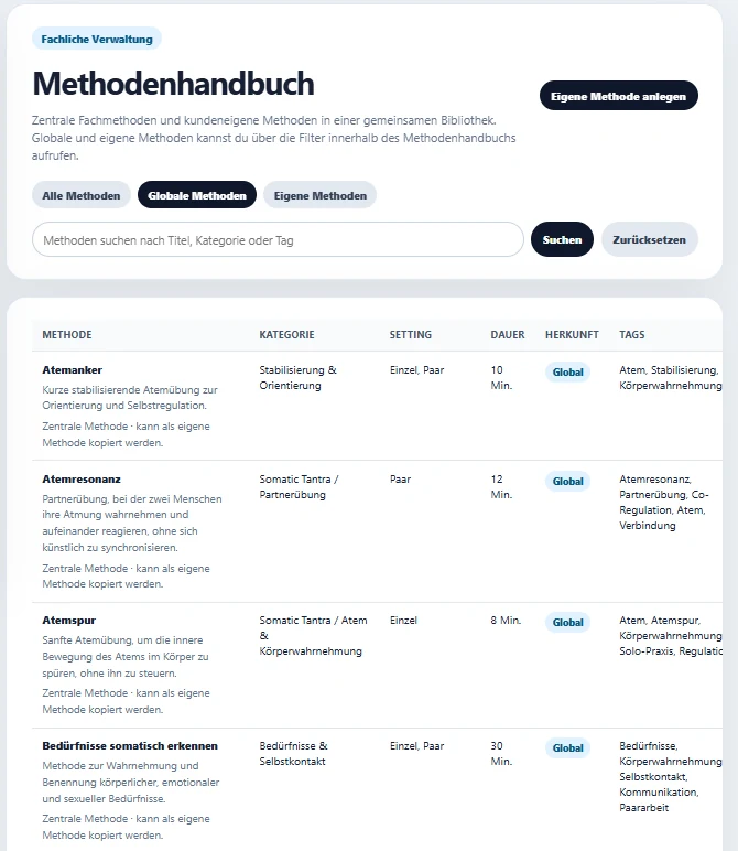 SOMICASE Methodenhandbuch mit Methoden, Kategorien, Setting und Tags